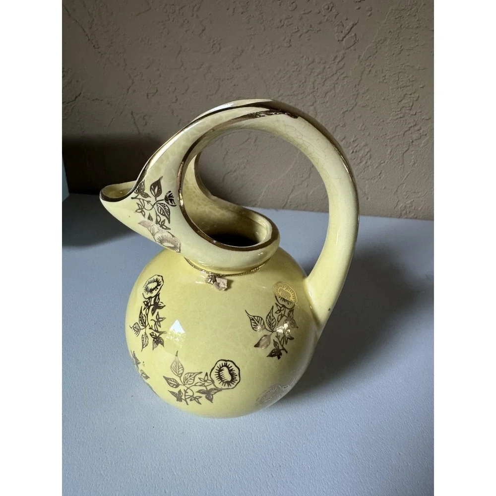 Vintage Yellow Crackle Pitcher 22K Gold Decorated Mid Century Ewer Vase